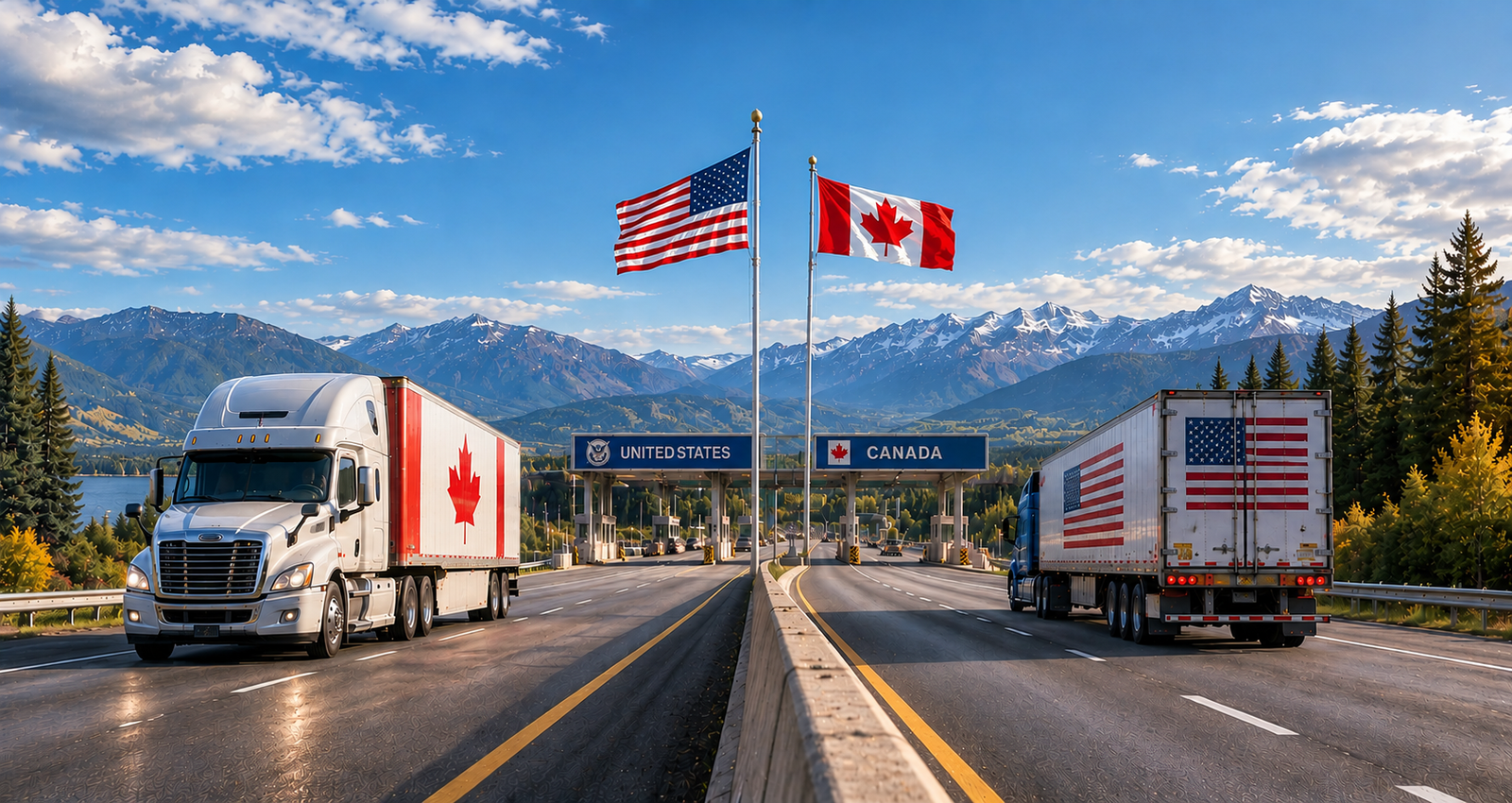 Trucks crossing the U.S. Canada border for cross border ecommerce shipping