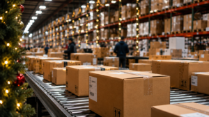 Ecommerce fulfillment center handling packages during Q4 peak season