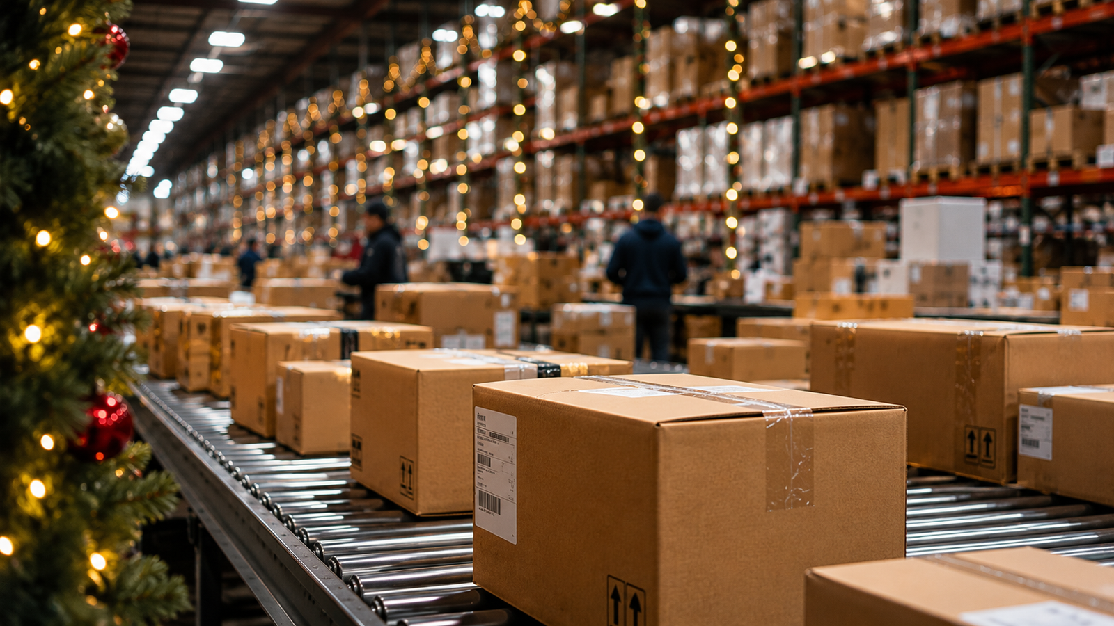 Ecommerce fulfillment center handling packages during Q4 peak season